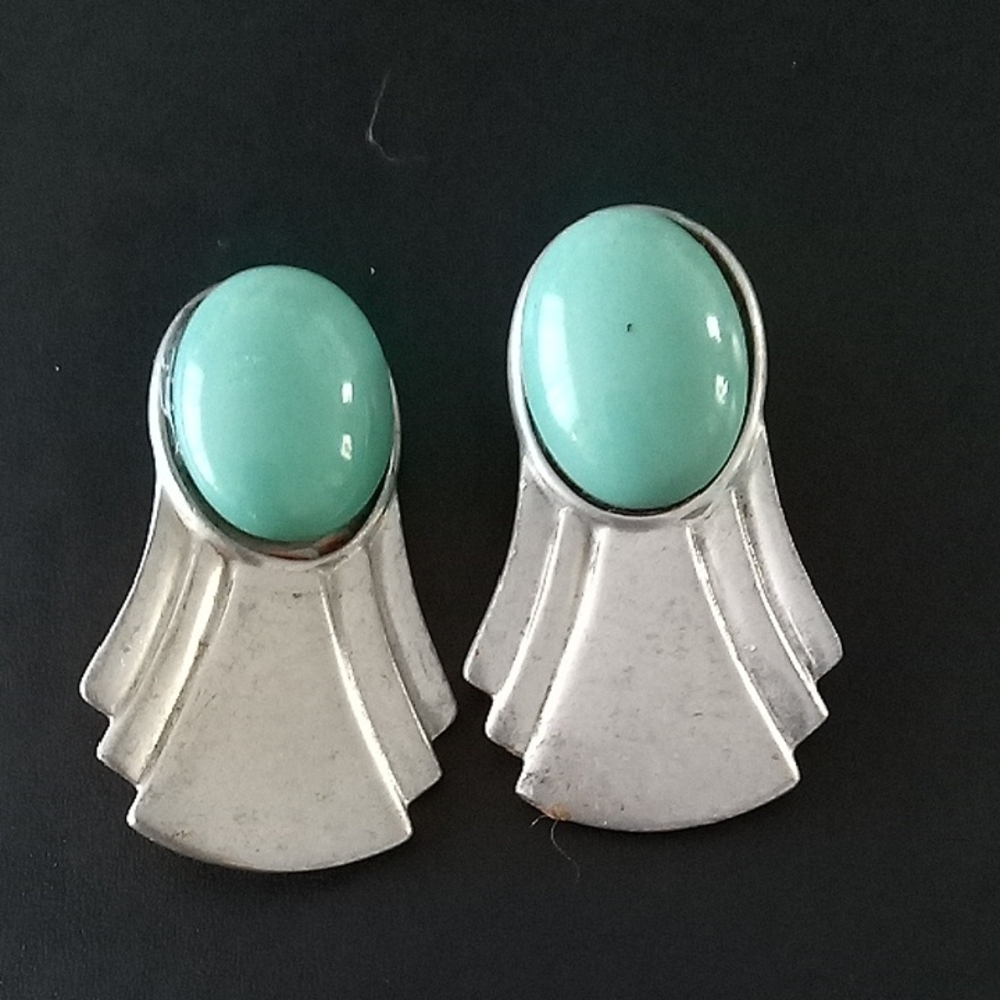 Vintage Ben-Amun Silver Tone Earrings with Mint Green Cabochons